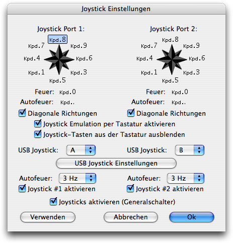 Power64 Joystick Einstellungsdialog mit zwei USB Joysticks